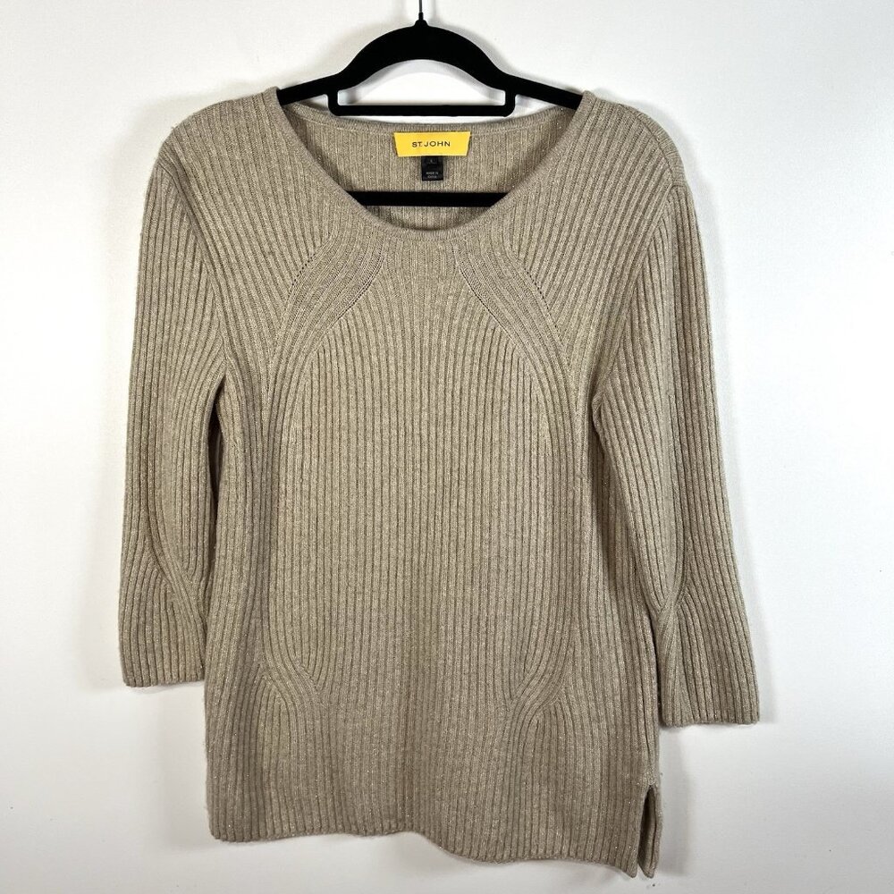St. John Metallic Rib knit sweater Women’s Size Large Wool‎ Cashmere Tan Luxury